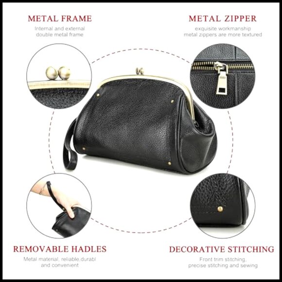 Full Grain Leather Kiss Lock Clutch Vintage Evening Purse Elegant Retro